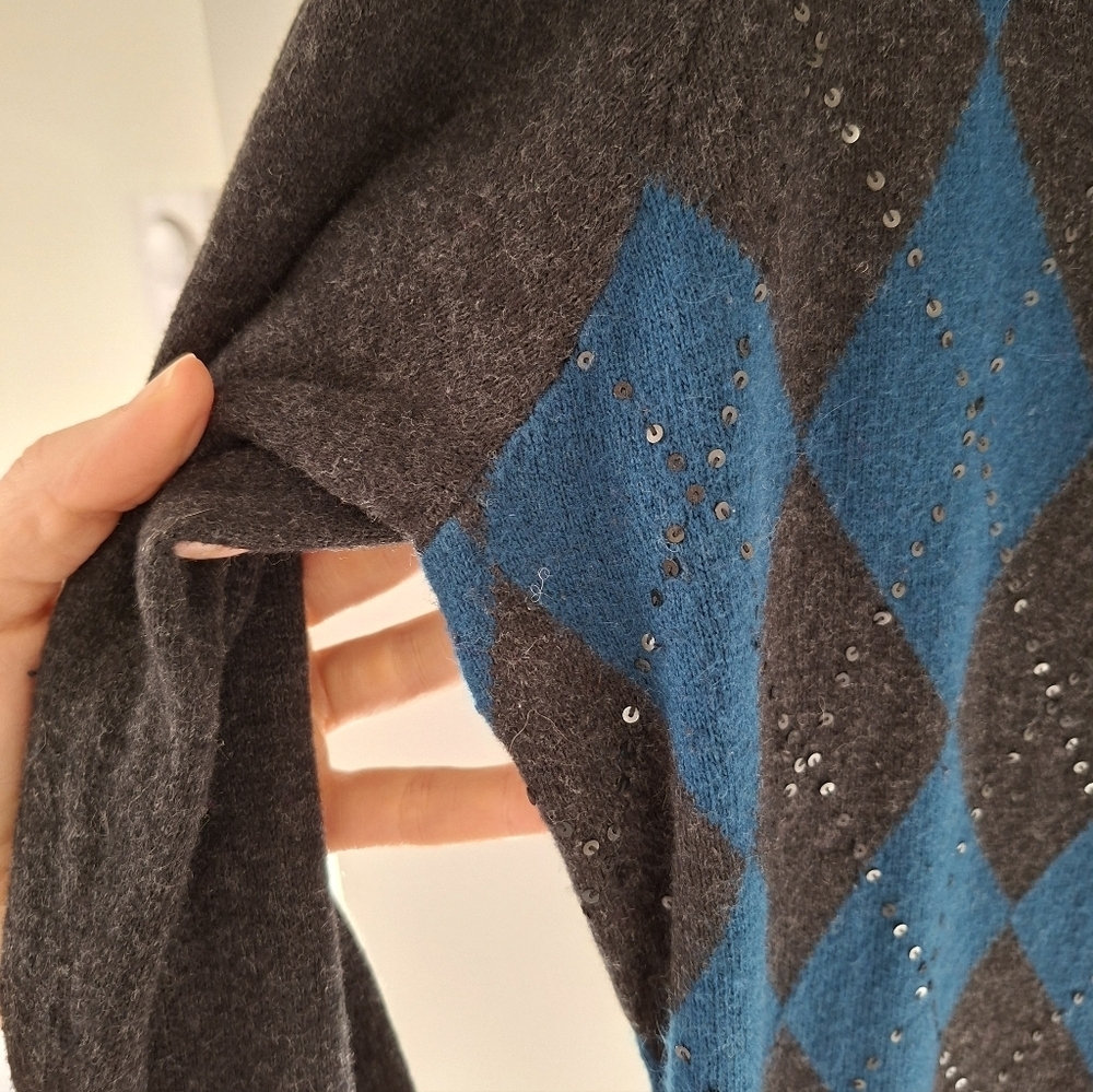 Dex Women's Gray & Teal Argyle Cotton/Viscose Longline Cardigan (Size 1X) - Picture 7 of 9